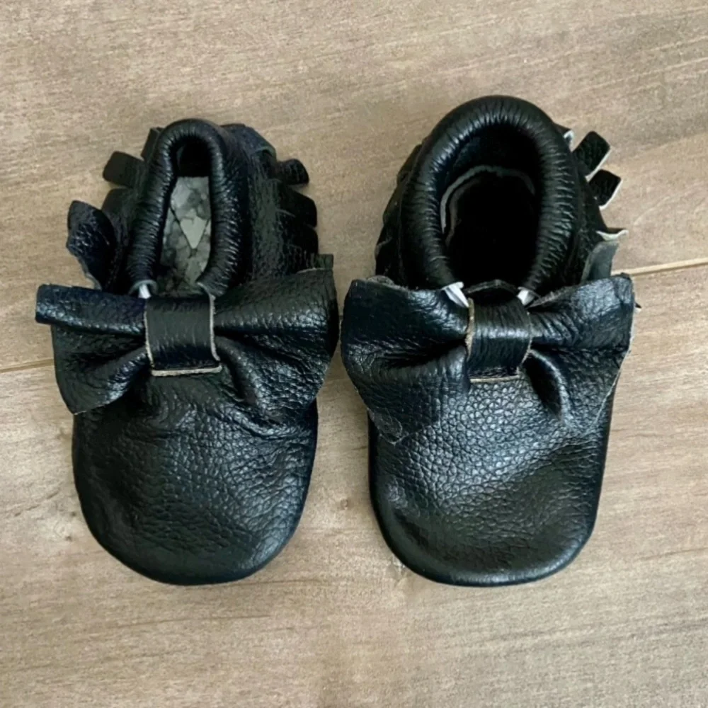 Leather Baby Moccasins with Tassels Crib Toddler Shoes in Black